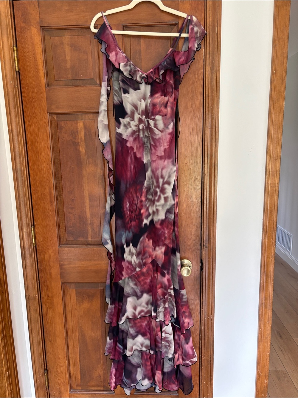 Showpo Burgundy and Cream Floral Ruffle Maxi Dress